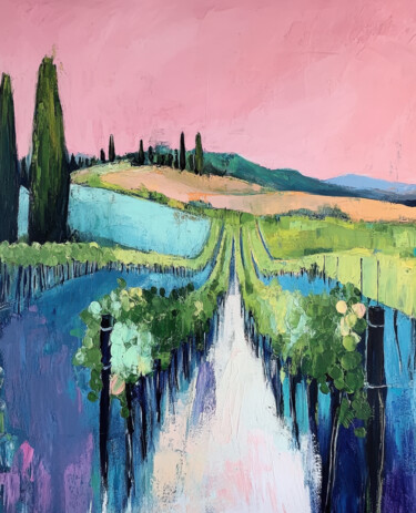 Colorful Vineyard Wall Art Abstract Landscape Print for Home 绘画 标题为“Colorful Vineyard W…” 由Tanya Ocean, 原创艺术品, 油
