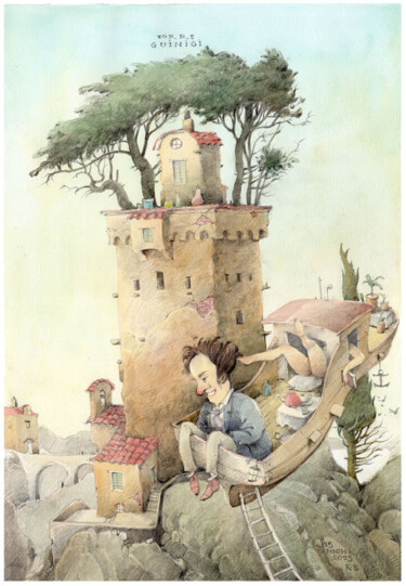 Desenho intitulada "Torre Guinigi. man…" por Valery K, Obras de arte originais, Aquarela