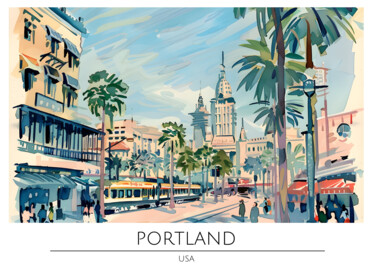 Digitale Kunst getiteld "Portland Cityscape:…" door Chun Yu Guan, Origineel Kunstwerk, AI gegenereerde afbeelding Gemonteerd…