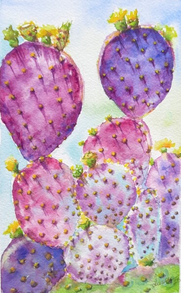 Watercolor Prickly Pear cactus Schilderij getiteld "Watercolor Prickly…" door Fineartderya, Origineel Kunstwerk, Aquarel