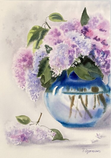 Lilac in the blue vase, original watercolor