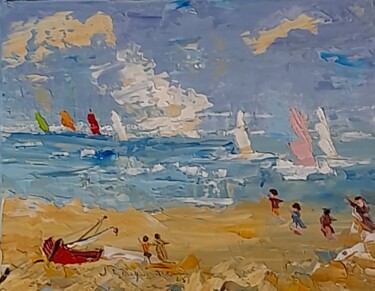 绘画 标题为“La barque rouge sur…” 由Jean-Pierre Duquaire, 原创艺术品, 油 安装在木质担架架上