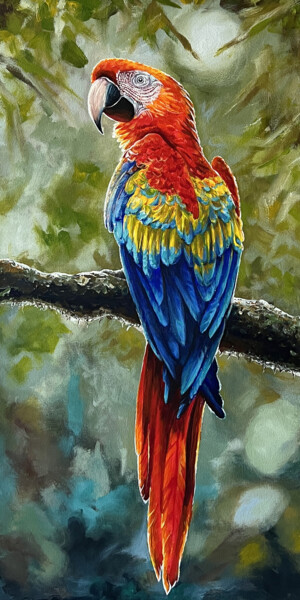 Schilderij getiteld "Scarlet Macaw (Ara)" door Andrii Skoryi (LERAN), Origineel Kunstwerk, Acryl Gemonteerd op Frame voor ho…