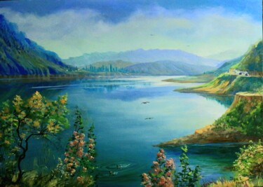 Painting titled "Blue silence" by Olga Sunchali, Original Artwork, Oil Mounted on Wood Stretcher frame