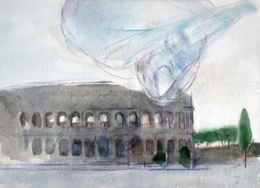 Rome landscape, Flying plastic bags series 绘画 标题为“Rome landscape, Fly…” 由Alexander Pogorzhelsky, 原创艺术品, 水彩