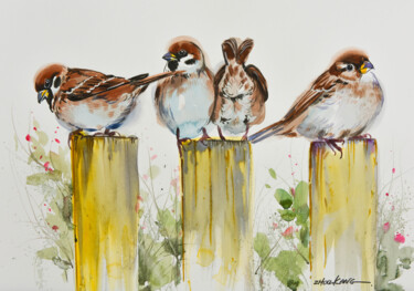 Pintura titulada "House sparrow1" por Kang Zhou, Obra de arte original, Acuarela