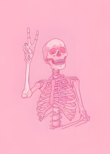 数字艺术 标题为“Pink Skeleton Peace…” 由春宇 关, 原创艺术品, AI生成的图像 安装在纸板上