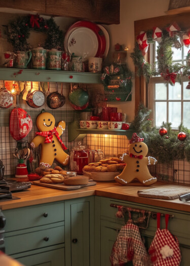 Digital Arts titled "Cozy Christmas Kitc…" by Chun Yu Guan, Original Artwork, AI generated image Mounted on Cardboard