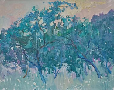 Painting titled "Blue Garden" by Olena Mishyna, Original Artwork, Oil Mounted on Wood Stretcher frame