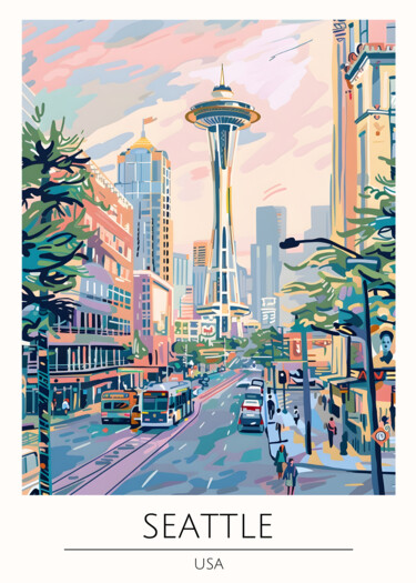 数字艺术 标题为“Seattle Cityscape:…” 由春宇 关, 原创艺术品, AI生成的图像 安装在纸板上