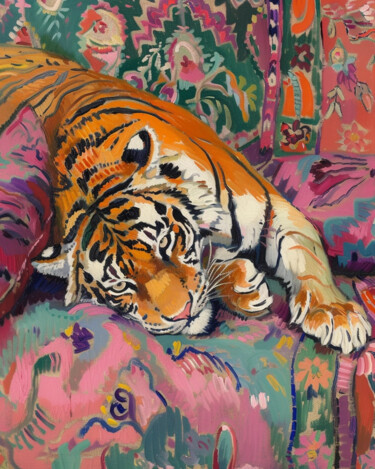 제목이 "Tiger in Vibrant Ta…"인 디지털 아트 春宇 关로, 원작, AI 생성 이미지 판지에 장착됨
