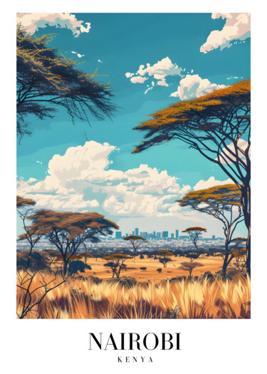 Digitale Kunst getiteld "Nairobi Skyline: Ur…" door Chun Yu Guan, Origineel Kunstwerk, AI gegenereerde afbeelding Gemonteerd…