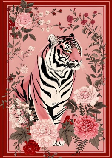 数字艺术 标题为“Tiger in Blossom: A…” 由春宇 关, 原创艺术品, AI生成的图像 安装在纸板上