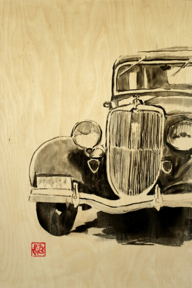 绘画 标题为“car on wood” 由Péchane, 原创艺术品, 墨 安装在木板上