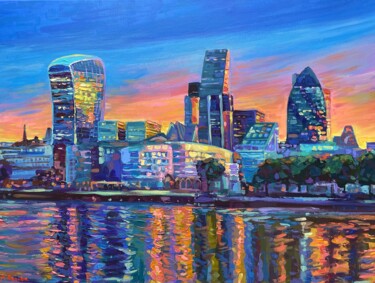 London City Skyline at Sunset Peinture intitulée "London City Skyline…" par Adriana Dziuba, Œuvre d'art originale, Acrylique