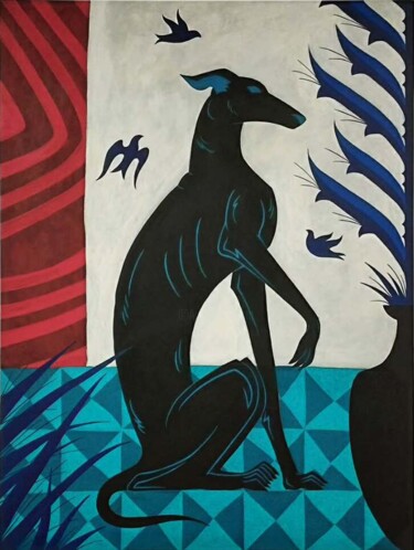 Schilderij getiteld "Chien 1" door Daceau, Origineel Kunstwerk, Acryl Gemonteerd op Frame voor houten brancard