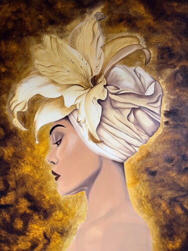 제목이 "Turban et Lys"인 미술작품 Noëlle Decombe로, 원작, 기름 나무 들것 프레임에 장착됨