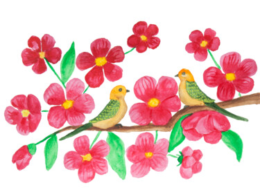 Two birds on branch with crimson flowers Peinture intitulée "Two birds on branch…" par Irina Afonskaya, Œuvre d'art originale, Aquarelle
