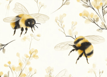 Digital Arts titled "Bee and Blossom Gar…" by Chun Yu Guan, Original Artwork, AI generated image Mounted on Cardboard