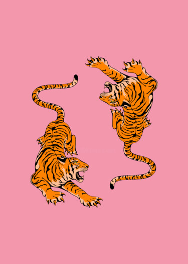 Digital Arts titled "Tiger Dance on Pink…" by Chun Yu Guan, Original Artwork, AI generated image Mounted on Cardboard