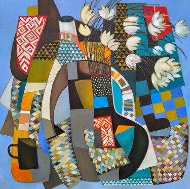Painting titled "flowers against the…" by Irina Kolesnikova, Original Artwork, Oil Mounted on Wood Panel