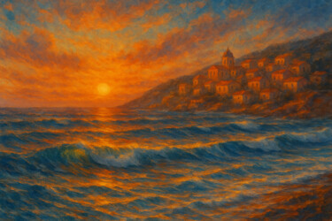 Oro sul mare, silenzio tra i tetti Arte digitale intitolato "Oro sul mare, silen…" da Giuseppe Cristadoro, Opera d'arte originale, Immagine generata dall'IA