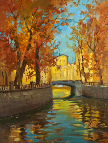 Steps on the autumn bridge Malarstwo zatytułowany „Steps on the autumn…” autorstwa Yuriy Suprunchuk, Oryginalna praca, Olej Zamontowany na Karton