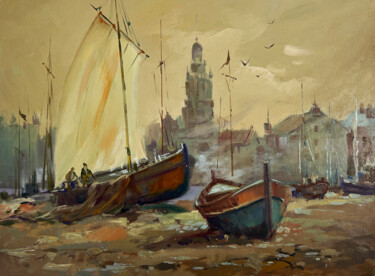 Evening on the pier Malarstwo zatytułowany „Evening on the pier” autorstwa Yuriy Suprunchuk, Oryginalna praca, Olej Zamontowany na Karton