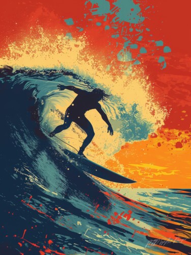 Big Wave Surfing Arts numériques intitulée "Big Wave Surfing" par Sykart Designs, Œuvre d'art originale, Image générée par l'IA