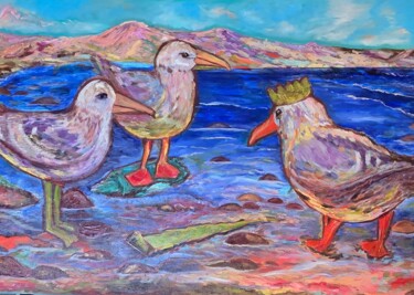 Painting titled "Queen of beach" by Yuliya Gündoğan (ostbiju_art), Original Artwork, Oil Mounted on Wood Stretcher frame