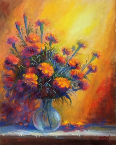 Fiery Marigolds - Burning Bouquet - Sunbeam in a Vase "Fiery Marigolds - B…" başlıklı Tablo Larisa Sidorova (Alsi) tarafından, Orijinal sanat, Petrol Ahşap Sedye çerçevesi üzerin…