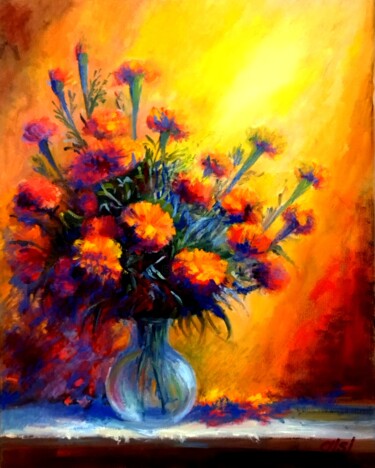绘画 标题为“Fiery Marigolds - B…” 由Larisa Sidorova (Alsi), 原创艺术品, 油 安装在木质担架架上