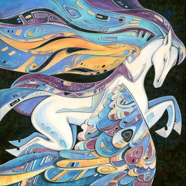 Flight with the Pegasus, oil painting with silver leaf 「Flight with the Peg…」というタイトルの絵画 Yulia Belaslaによって, オリジナルのアートワーク, オイル