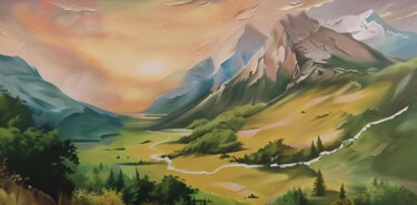 Большая картина современная масло Пейзаж Закат над вершинами Painting titled "Большая картина сов…" by Evgenia Duvakina, Original Artwork, Oil