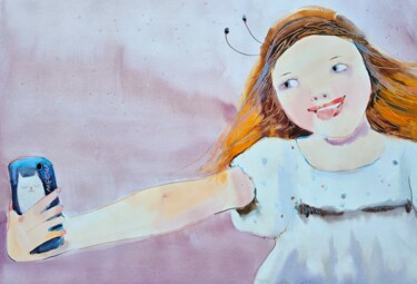 Selfie Girl – Cat Meow Phone Watercolor & Pencil Peinture intitulée "Selfie Girl – Cat M…" par Olga Sova, Œuvre d'art originale, Aquarelle