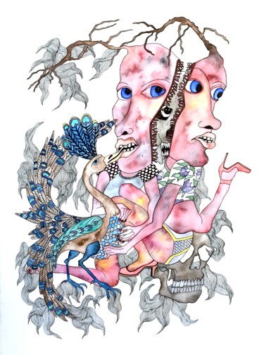 Drawing titled "Paon" by Julie Lorinet, Original Artwork, Watercolor