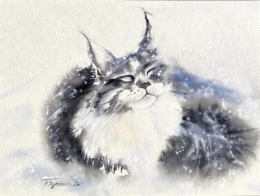 Snow cat, watercolor painting