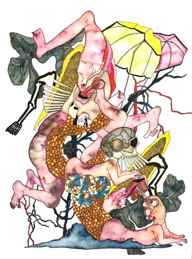 Dessin intitulée "Parasols" par Julie Lorinet, Œuvre d'art originale, Aquarelle