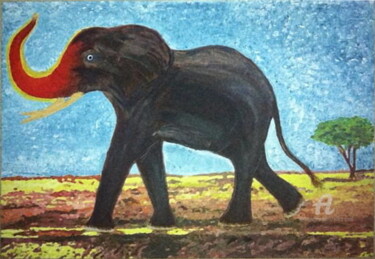 Schilderij getiteld "Elephant Brûlant" door Erika Cool, Origineel Kunstwerk, Acryl Gemonteerd op Frame voor houten brancard