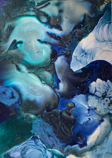 Blue Ocean Abstract Wall Art in Turquoise and Deep Ink 绘画 标题为“Blue Ocean Abstract…” 由Mily Art, 原创艺术品, 丙烯 安装在其他刚性面板上