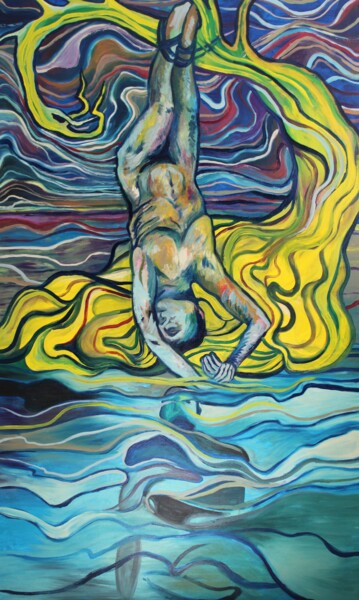Schilderij getiteld "THE HANDING MAN" door Ares Parabellum, Origineel Kunstwerk, Olie Gemonteerd op Frame voor houten branca…