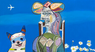 Schilderij getiteld "Plane to Paris" door Assya Lucky, Origineel Kunstwerk, Olie