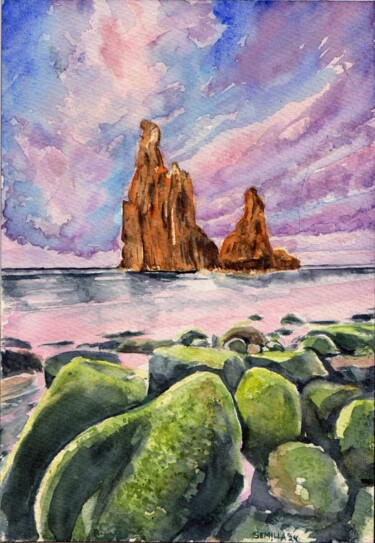 Peinture intitulée "Praia da Ursa" par Semilla, Œuvre d'art originale, Aquarelle