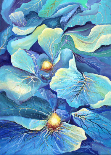 Картина под названием "Organic Floral Blue…" - Sonia Chivarar, Подлинное произведение искусства, Акрил Установлен на Деревян…