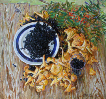 「Mushrooms and blueb…」というタイトルの絵画 Leonid Pavlenkoによって, オリジナルのアートワーク, オイル ウッドストレッチャーフレームにマウント