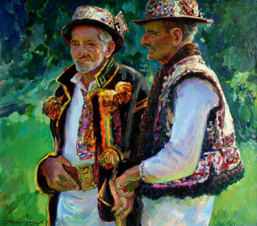 Pittura intitolato "Two Hutsuls" da Leonid Pavlenko, Opera d'arte originale, Olio Montato su Telaio per barella in legno