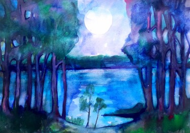 Pittura intitolato "The full moon" da Alexey Zhucovsky, Opera d'arte originale, Acquarello