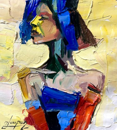 Portrait in Blue and Gold Schilderij getiteld "Portrait in Blue an…" door Vahe Bagumyan, Origineel Kunstwerk, Olie Gemonteerd op Frame voor houten bra…