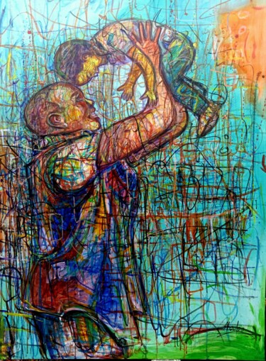「Tel un père」というタイトルの絵画 Michel Bertrand Atou Onana (Atouloo)によって, オリジナルのアートワーク, アクリル ウッドストレッチャーフレームにマウント