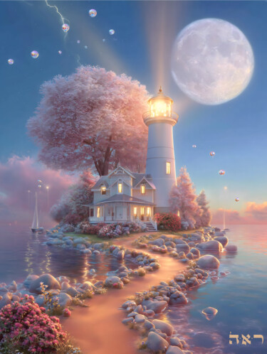 Find Home, warm color tone, pink, blue, golden (133x100 cm) Цифровое искусство под названием "Find Home, warm col…" - Asnat Unnger, Подлинное произведение искусства, Струйный